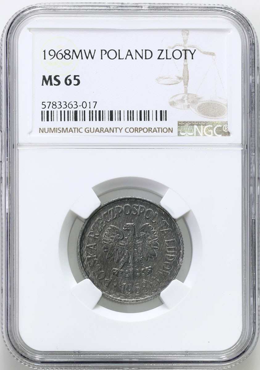 PRL. 1 złoty 1968 Aluminium NGC MS65 - RZADSZY ROCZNIK